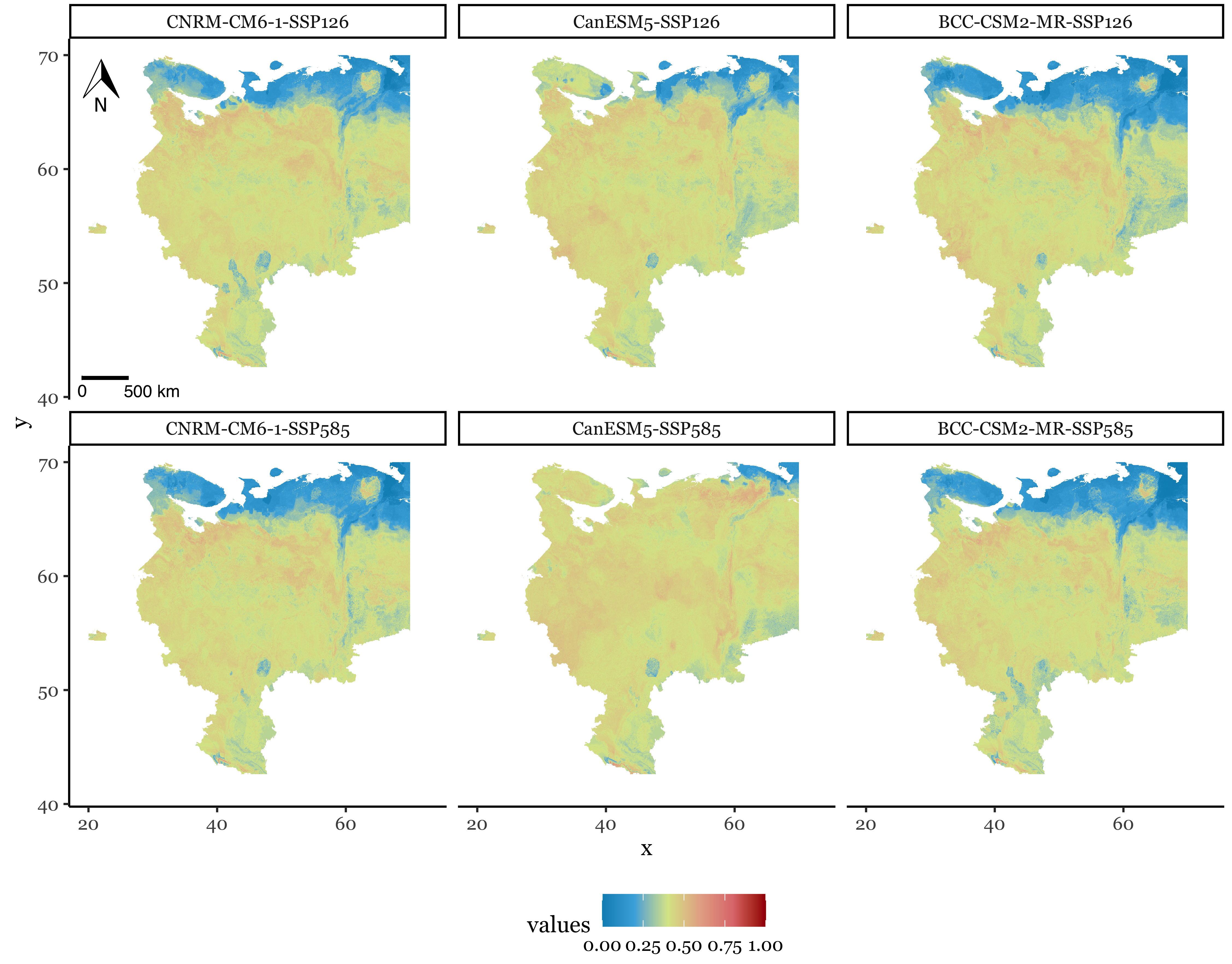 Прогноз пригодности территорий России для борщевика на 2040–2060 годы. Различия в картах (прогнозах) объясняются различными климатическими сценариями. При оптимистичном предполагается снижение выбросов CO2 и переход к углеродной нейтральности, при пессимистичном — рост выбросов CO2 и существенное глобальное изменение климата, заметное в том числе на территории европейской части России. Результаты исследования дают похожие ареалы распространения борщевика для обоих сценариев, а в канадской модели пессимистичный сценарий предполагает более значительное распространение борщевика, чем оптимистичный