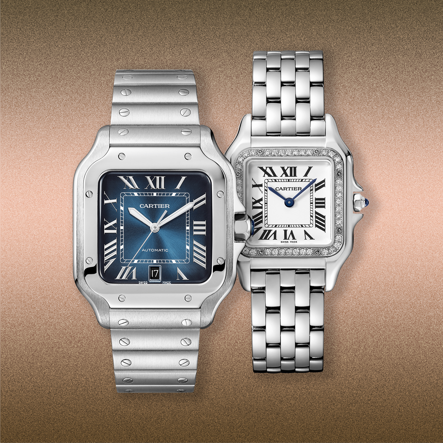 Для него: часы Santos de Cartier, 39,8 мм, сталь, мануфактурный механизм с автоматическим подзаводом. Для нее: часы Panthere de Cartier, 22x30 мм, сталь, бриллианты, кварцевый механизм.

