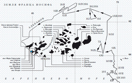 Экспедиция Георгия Брусилова после первой зимовки. Сплошной линией показан дрейф "Святой Анны" с 3 апреля 1913 года и до 10 апреля 1914 года, когда группа Альбанова покинула судно. Пунктир — путь группы до мыса Флора, где выжившие Альбанов и Конрад дождались корабля в Архангельск