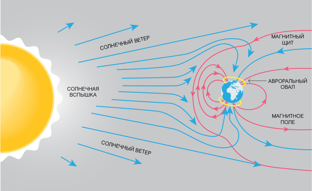 Солнечный ветер и магнитосфера Земли (изображено не в масштабе) (предоставлено University of Waikato) 
