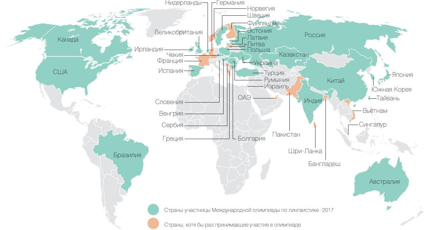Карта стран-участниц Международной олимпиады по лингвистике