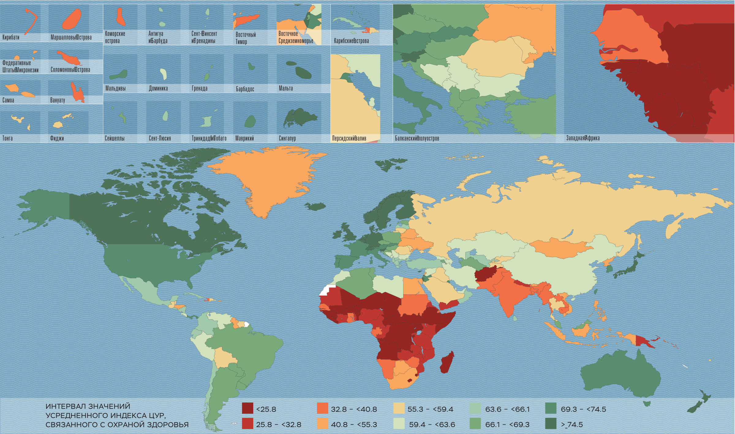 Значение усредненного индекса ЦУР, связанного с охраной здоровья, в зависимости от страны