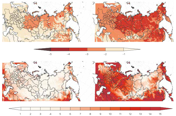 Рис. 2. Изменения длительности волн холода зимой (А, В) и волн тепла летом (Б, Г) в 2050- 2059 гг. (А, Б) и в 2090-2099 гг. (В, Г) по отношению к базовому периоду (1990-1999 гг.), рассчитанные с помощью региональной климатической модели ГГО.