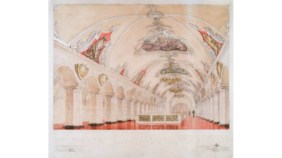 Станция метро «Комсомольская» Кольцевой линии. Перронный зал. Перспектива, 1948. Проект А. В. Щусева, А. Ю. Заболотной, В. Д. Кокорина