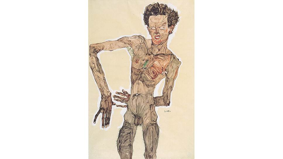 Эгон Шиле. «Автопортрет в обнаженном виде, гримаса», 1910 год 
