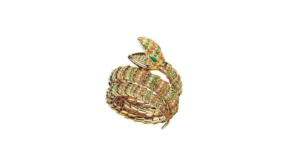 Часы Serpenti, желтое золото, бриллианты, спессартиты, цавориты, малахиты 
