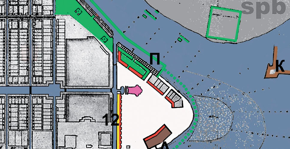 Рис. 1а. Эскиз главной площади на Стрелке Васильевского острова. Зеленым цветом выделена территория порта, красным — торговые ряды, желтым — административный корпус, фиолетовым — собор. Маркировка главных объектов: П — причалы, таможня и гостиный двор, K — батареи Петропавловской крепости, А — Академия наук и Кунсткамера, 12 — комплекс Двенадцати коллегий 