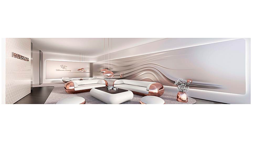 Салон концепта Vision Mercedes-Maybach Ultimate Luxury, который был представлен в Пекине, выглядит точь в точь, как эта гостиная: розовое золото, цветы, дорогое эбеновое дерево, популярное на Востоке, и чайный сервиз. 