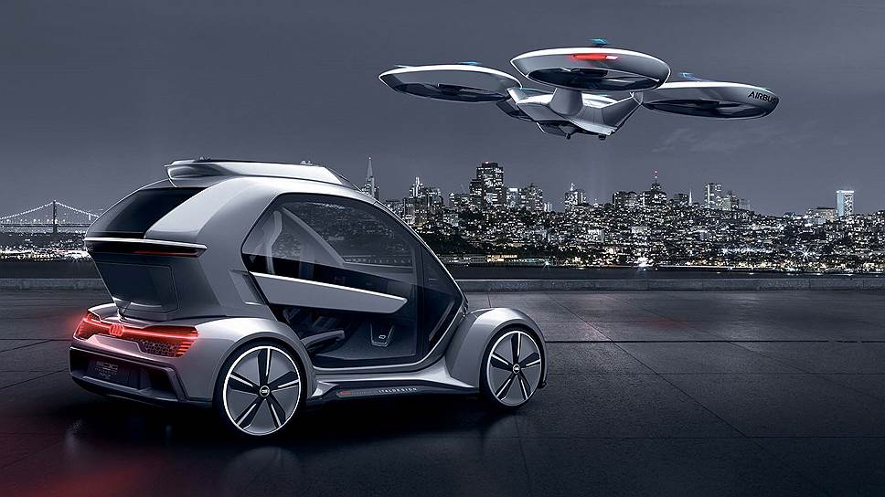 Audi Pop.Up Next. Основную работу на проекте воздушного такси проделали спецы дизайнерской фирмы Italdesign и авиационного объединения Airbus. Ну, ясно, кто за что отвечал. Созданы летающая моделька 1:4 и полноразмерный макет концепта для выставок.