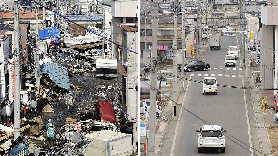 Город Мияко, префектура Ивате, после землетрясения (слева) и в 2013 году