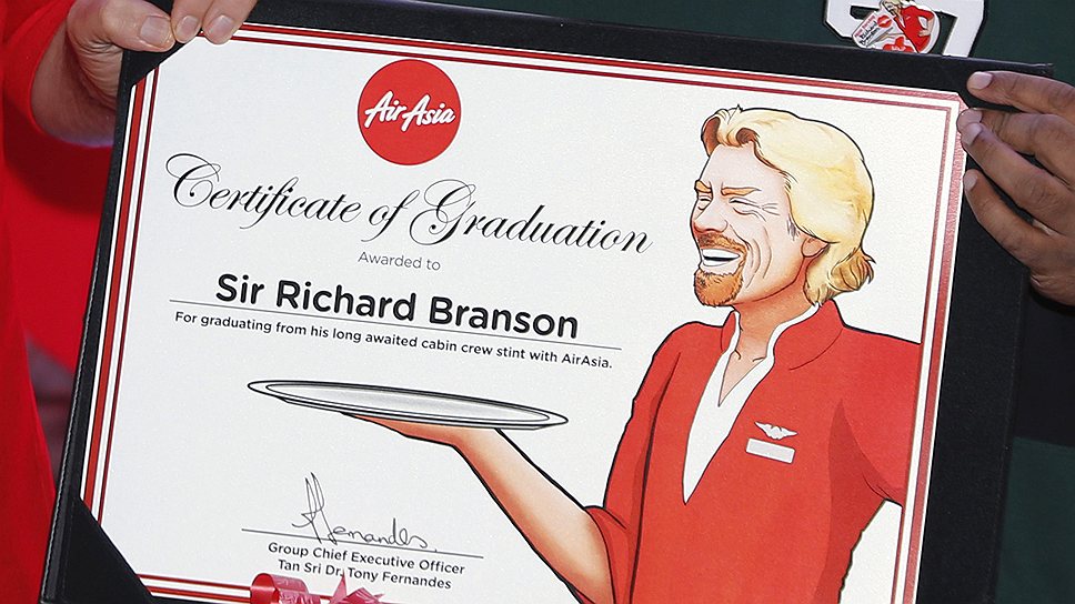 Специальный сертификат, выданный Ричарду Брэнсону после рейса