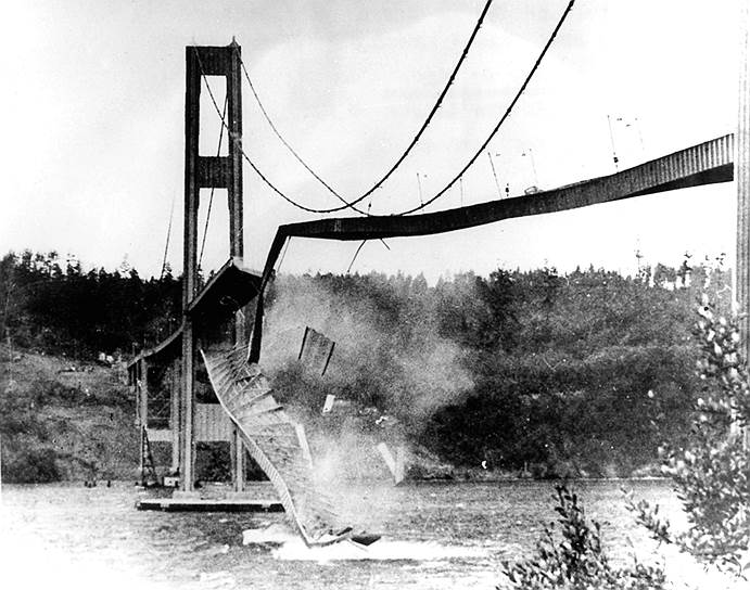 1940 год. Обрушение висячего моста Tacoma Narrows Bridge в штате Вашингтон (США), произошедшее из-за недоучета ветровых нагрузок. Авария моста способствовала исследованиям в области аэродинамики и аэроупругости конструкций и изменению подходов к проектированию всех большепролетных мостов в мире, начиная с 1940-х годов