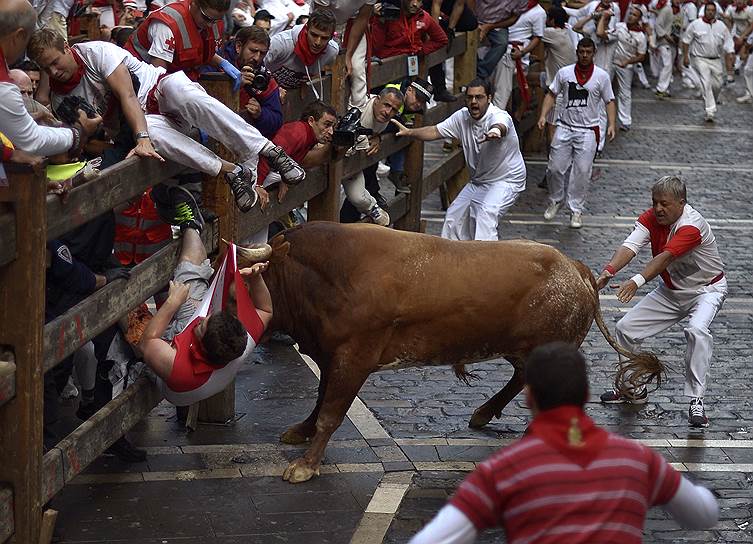 Бык атаковал одного из участников забега быков на фестивале Сан-Фермин в Памплоне, Испания