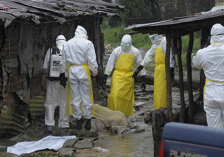 Врачи в защитных костюмах готовятся к выносу тела мужчины, умершего, предположительно, от лихорадки Эбола, на рынке в Монровии, столице Либерии