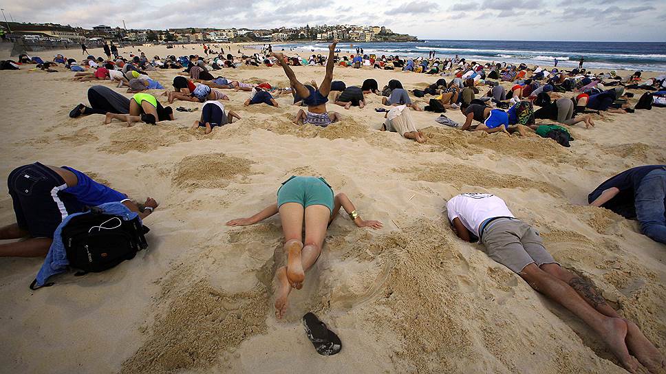 Сидней, Австралия. В преддверии саммита G20 около 400 человек приняли участие в экологической акции протеста на пляже Бонди-Бич с посланием премьер-министру страны Тони Эбботту «Не засовывай голову в песок по вопросам глобального изменения климата»