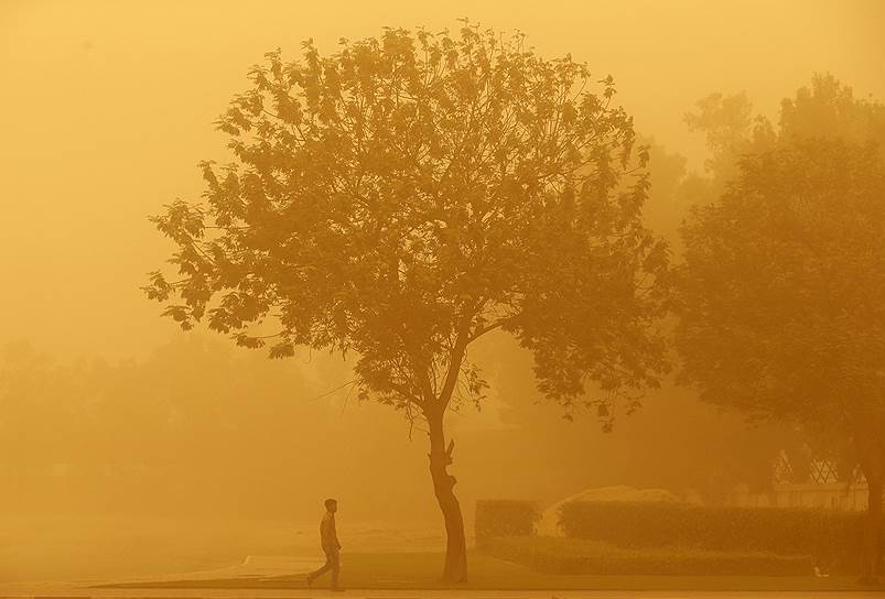 Дубай, ОАЭ. Мужчина гуляет во время песчаной бури