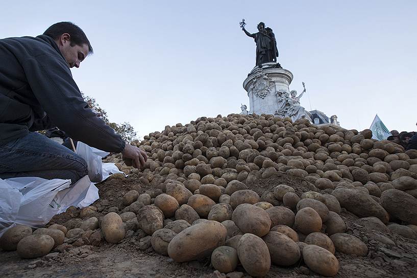 5 ноября 2014 года. Фермеры высыпали на площадь Республики в центре Парижа около 50 тонн картофеля и яблок, протестуя против обвала цен на их продукцию, частично вызванного антироссийскими санкциями