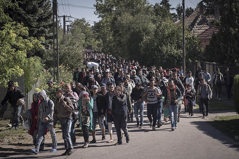 Мигранты во время пути от железнодорожного вокзала в венгенском городе Хедьешхалом к австрийской границе