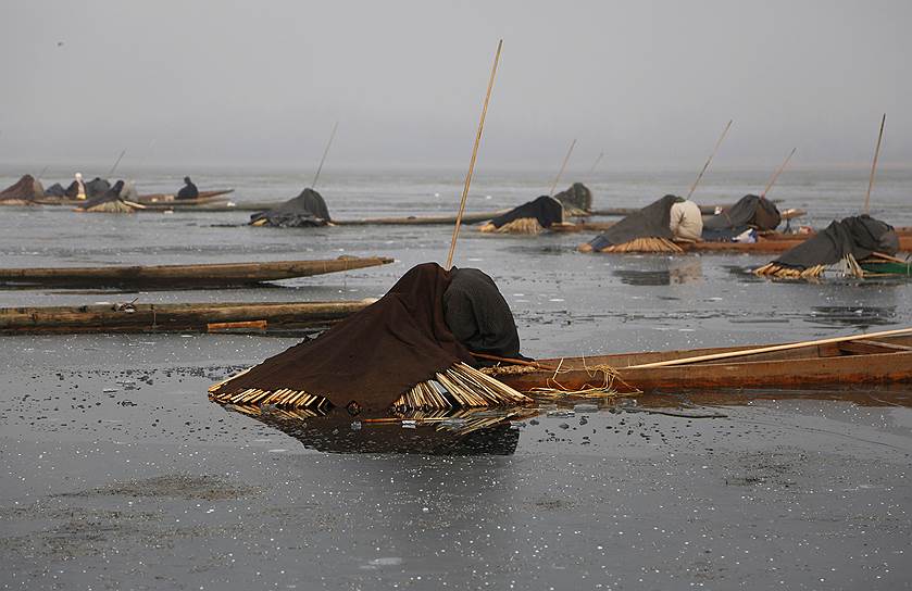 Шринагар, Индия. Укрытые одеялами рыбаки в лодках ловят рыбу в частично замерзшем озере Анчар