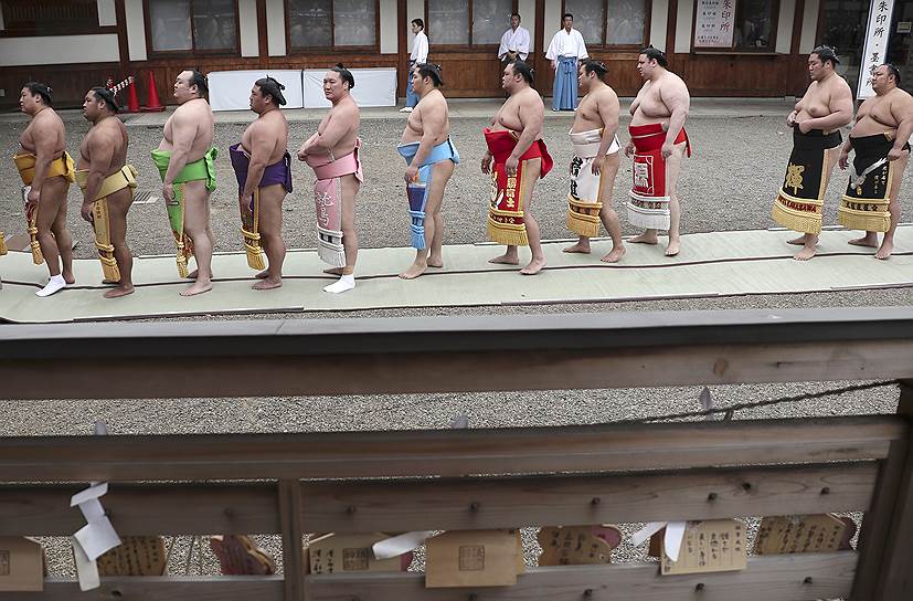 Токио, Япония. Сумоисты стоят в очереди перед молитвой 
