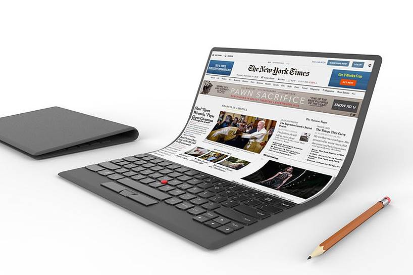 Lenovo
&lt;br>
В июне 2017 года Lenovo представила концепт ноутбука с гибким экраном. Устройство оснащено тензометрическим джойстиком  и классической, а не виртуальной, клавиатурой. Предполагается, ноутбук будет постоянно находиться онлайн, управление гаджетом осуществляется с помощью стилуса голосовых команд