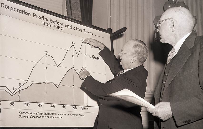 После Второй мировой войны администрация президента Трумэна решила, что американские корпорации получили достаточно прибыли для помощи бюджету: на фото 1950 года министр финансов США Джон Снайдер (слева) наглядно показывает конгрессмену Роберту Даутону необходимость налога на прибыль корпораций в 75%