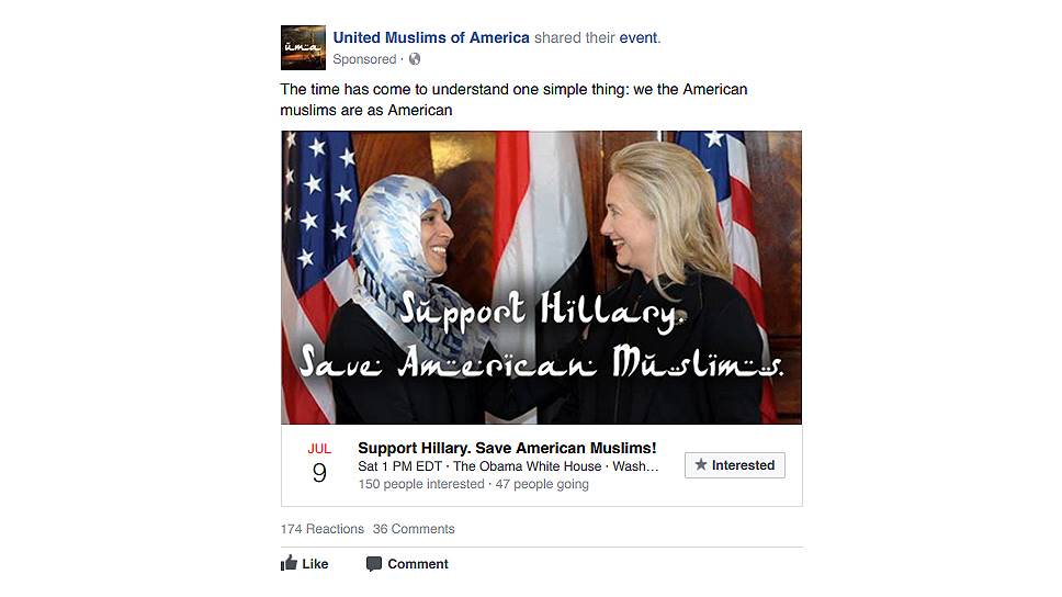 «Поддержи Хиллари. Спаси американских мусульман» &lt;br>
Стоимость оплаченной рекламы: 4 тыс. руб.
