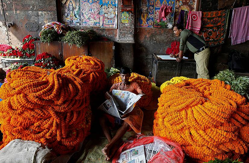 Калькутта, Индия. Гирлянды из календулы, используемые для украшения храмов и домов, на цветочном рынке