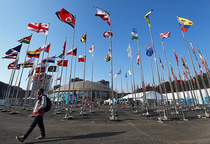 Национальные флаги стран-участниц зимних Олимпийских игр возвышаются на территории Олимпийской деревни