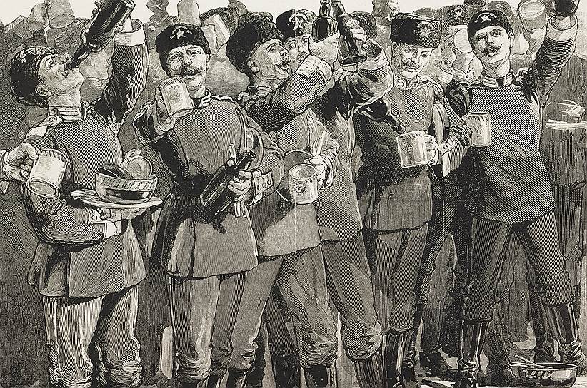 Во второй половине XIX века выпивку солдаты получали от казны только по большим праздникам (на рисунке — день коронации императора Александра III)