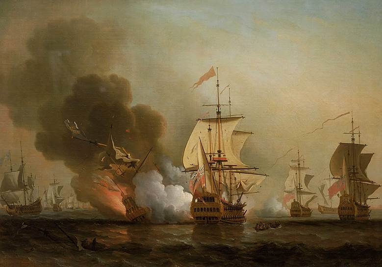 На картине Самюэля Скотта изображен момент взрыва на корабле «Сан-Хосе» — «Святом Граале кораблекрушений»