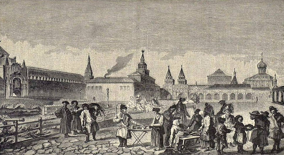 Во время постов блюда из гороха пользовались особым спросом (на гравюре — уличный торг у Кремля в конце XVIII века)