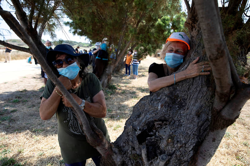 Герцлия, Израиль. Люди обнимают деревья в национальном парке в рамках акции, проводимой на фоне пандемии