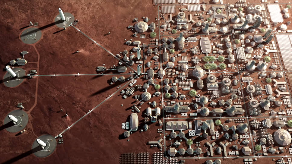 В 2016 году американским предпринимателем Илоном Маском был представлен проект Межпланетной транспортной системы (ITS) компании SpaceX, предполагающий создание многоразового космического транспорта для доставки людей на Марс с целью создания там в будущем самоподдерживающейся колонии 
&lt;br>На фото: проект колонии SpaceX