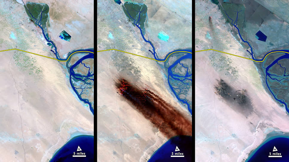 Снимки со спутника Landsat, сделанные до, во время и после нефтяных пожаров. Желтая линия — граница Ирака с Кувейтом