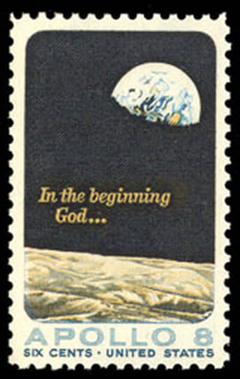 Почтовая марка, выпущенная в США в память о рождественском поздравлении из космоса, посланном экипажем «Аполлона-8»