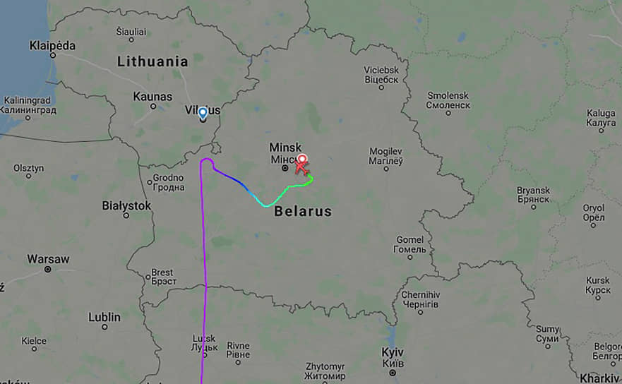 Карта полета Ryanair с Романом Протасевичем на борту