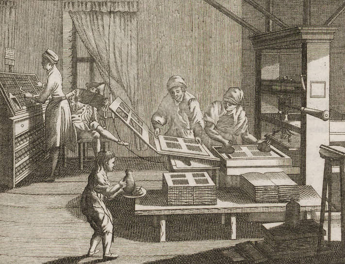 «Частными людьми заведенные типографии упразднить» (на гравюре — книгопечатание, 1784 год)