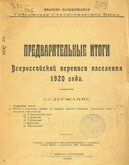 &lt;b>1920 год&lt;/b> 
&lt;BR>Предполагалось, что это будет первая всероссийская перепись при новом строе. Однако из-за продолжавшейся Гражданской войны она охватила не всю территорию страны. Численность населения составила 136,8 млн человек