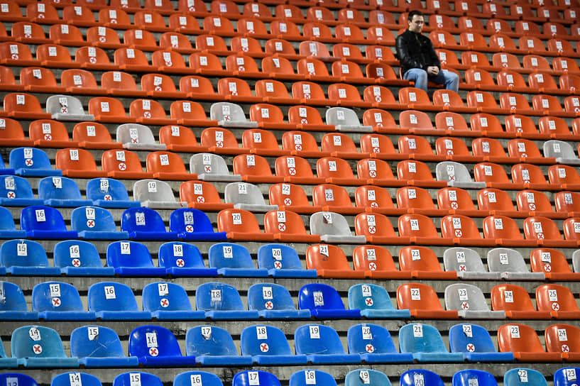 Трибуна стадиона «Спартак» в Новосибирске во время матча ФК «Новосибирск» — «Лада-Тольятти»