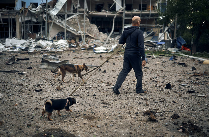 Мужчина с собаками на фоне разрушенных зданий в Николаеве