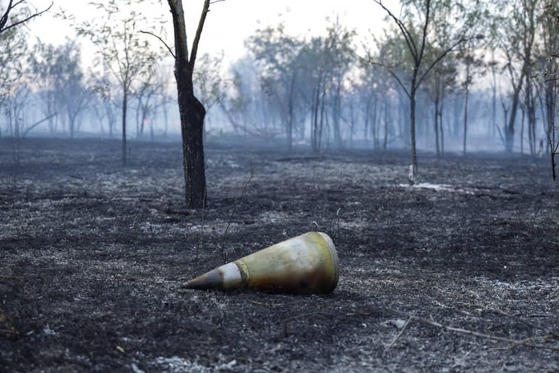 Элемент ракеты в лесу, сгоревшем после обстрела села Весняное в Николаевской области
