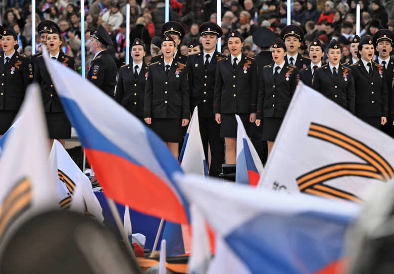 Митинг-концерт в «Лужниках» был посвящен восьмой годовщине присоединения Крыма, а также поддержке Донбасса и российской армии