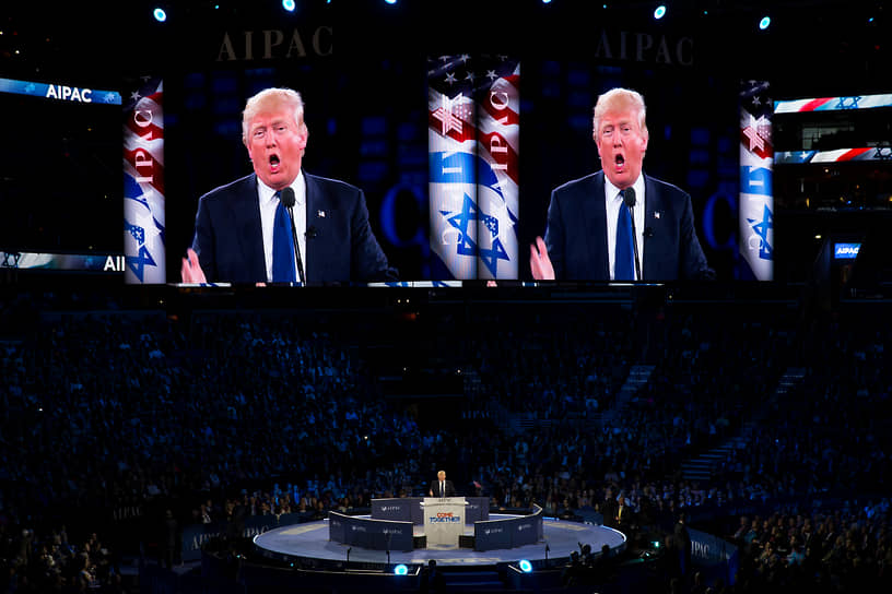 Кандидат в президенты от республиканцев Дональд Трамп выступает на политической конференции AIPAC в Вашингтоне, 21 марта 2016 год