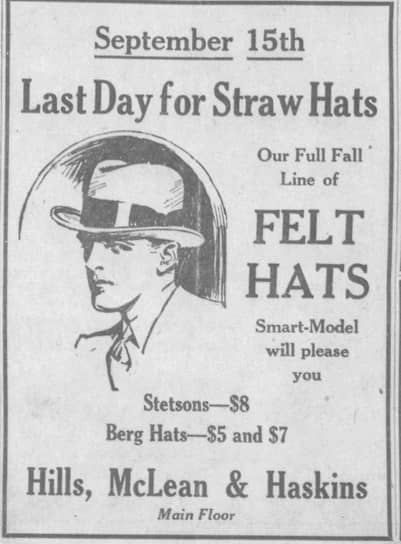 Реклама, извещающая о том, что сезон соломенных шляп подходит к концу
