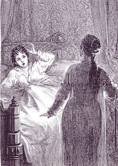 «Я увидела Кармиллу, стоящую в ногах моей кровати, в белой ночной рубашке, она была залита кровью с ног до головы» (Ш. Ле Фаню, «Кармилла»). Гравюра Д. Г. Фристона