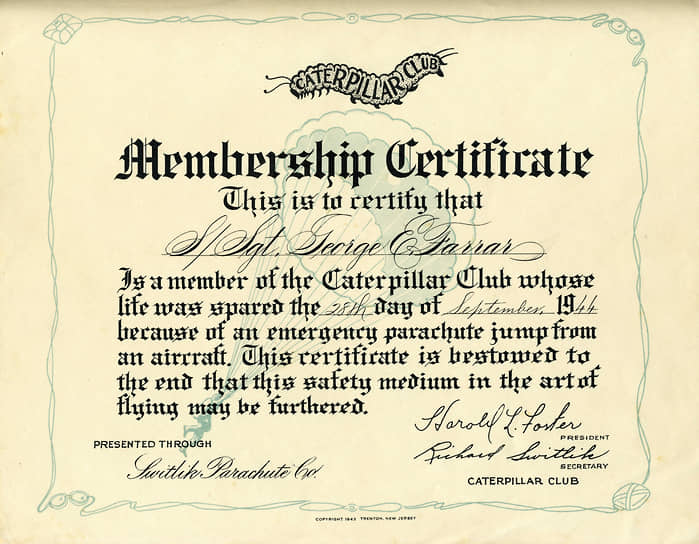 Сертификат члена «Клуба гусеницы», выданный компанией  Switlik Parachute