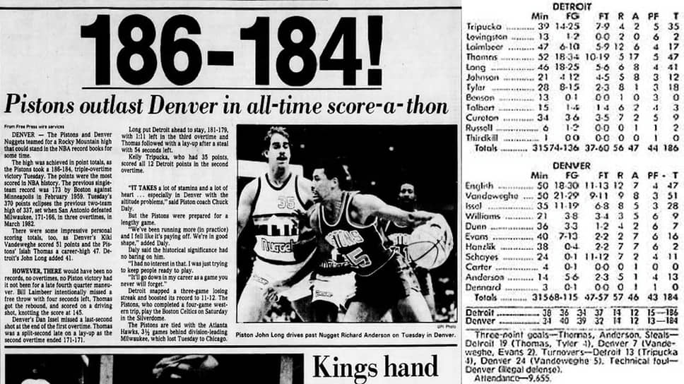 13 декабря 1983 года прошла самая результативная игра в истории НБА: со счетом 186–184 «Денвер Наггетс» проиграли «Детройт Пистонс» в трех овертаймах. Тогда же были установлены до сих пор не побитые рекорды по общему количеству забитых с игры очков (142), передач (93), а также числу игроков, набравших более 40 очков в одной игре (4 человека)