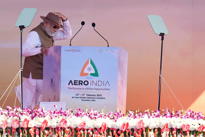 Премьер-министр Индии Нарендра Моди во время открытия Aero India 2023 