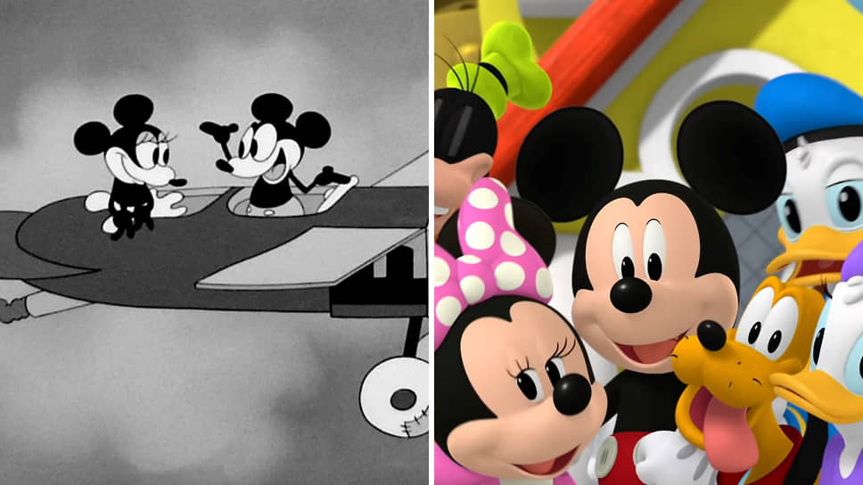 Дебют Микки Мауса состоялся в мае 1928 года в немом черно-белом мультфильме «Безумный самолет» (на фото слева). Изначально у созданного Уолтом Диснеем мышонка не было характерных белых перчаток. Успех к персонажу пришел 18 ноября 1928 года с выходом звукового анимационного фильма «Пароходик Вилли». В дальнейшем форма головы Микки Мауса менялась на более округлую, а глаза стали меньше. В таком образе он появился в одном из последних сериалов с мышонком — компьютерно-анимационном «Микки Маус: Мир приключений» (справа)